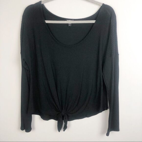EXPRESS | Waffle Knit Black Long Sleeve Top Tie Front Scoopneck Women’s Large - Picture 1 of 9
